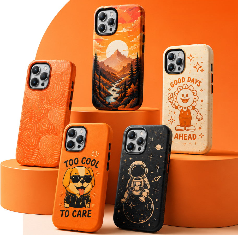 Five custom printed phone cases on display podiums